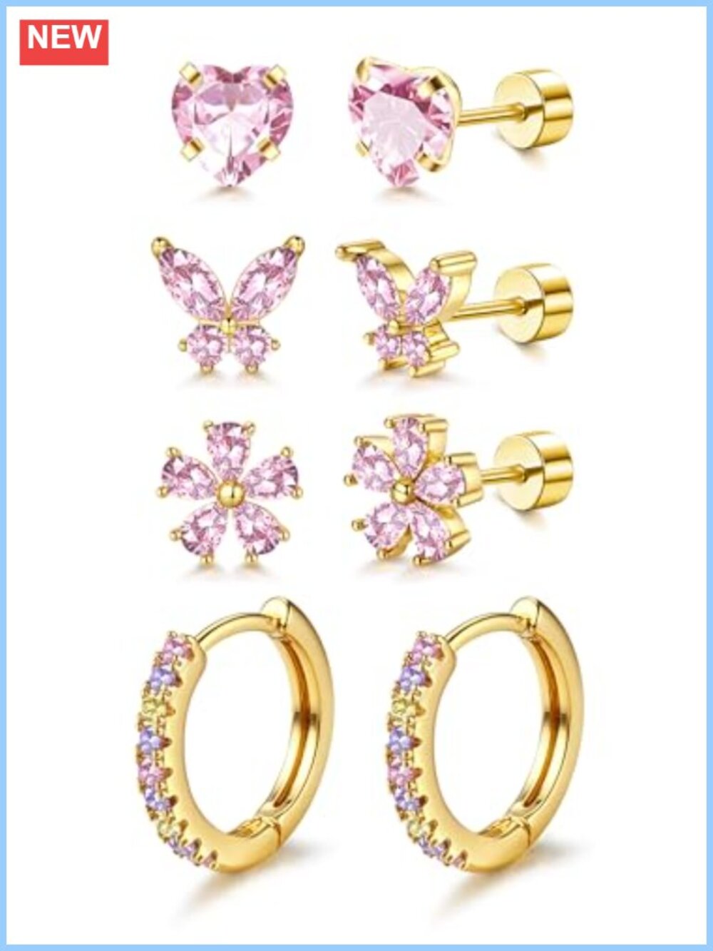 14K Gold Plated Surgical Steel Earrings Hypoallergenic CZ Hoop & Stud Set